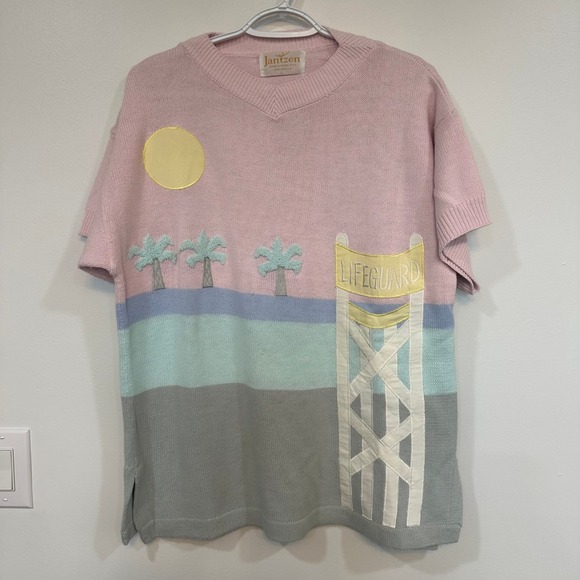 Jantzen Vintage Sweater Large Acrylic Beach Life Guard Short Sleeve Knit Palm - Picture 1 of 7